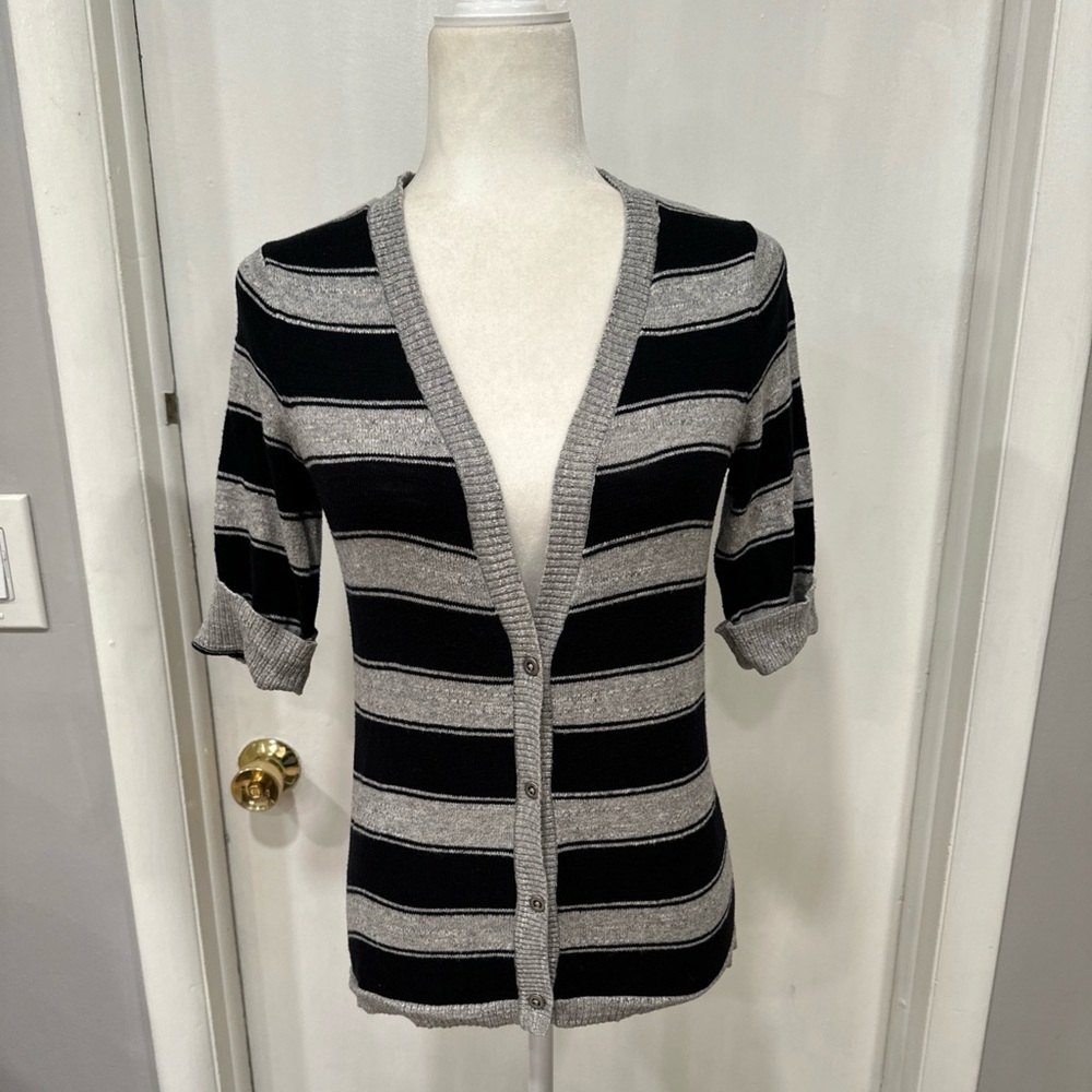 Black and Gray Striped Women's Cotton Short Sleeve Cardigan